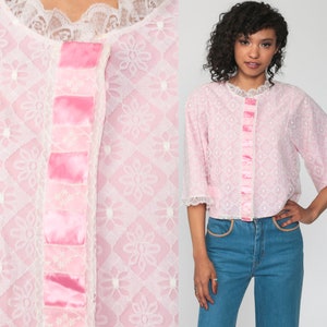 Lingerie Pajama Shirt 60s Pink Lace Pajamas Top Button Up Sleep Shirt Baby Pink Pastel Vintage 70s Pajama Top Pinup Sexy Small image 1