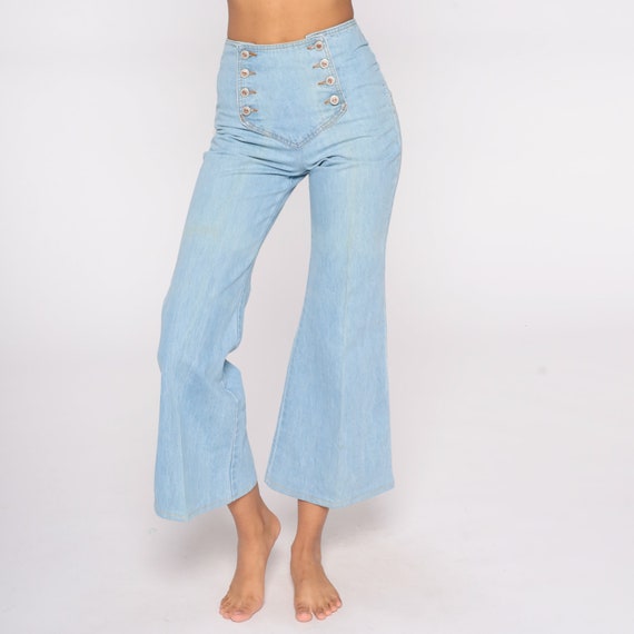 90s Flare Jeans Light Wash Bell Bottoms High Waisted Hippie Denim Boho 1990s Vintage Bohemian BUTTON FRONT Flared Leg Extra Small XS S 3
