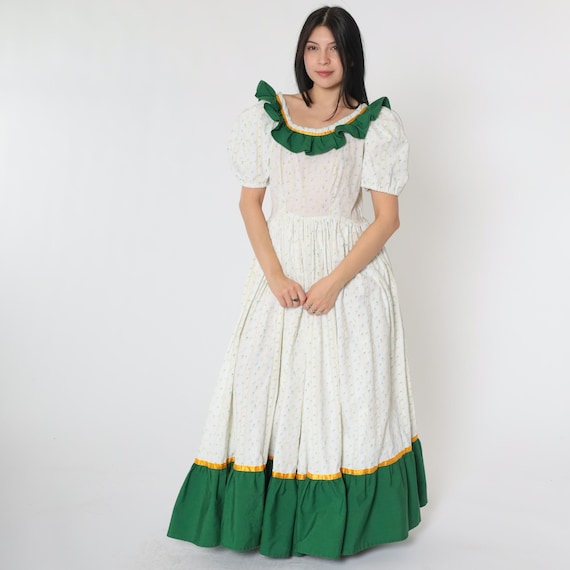 70s Prairie Dress White Calico Floral Puff Sleeve Green Ruffles Cottagecore Maxi Country Hippie Square Dance High Waist Vintage 1970s Medium