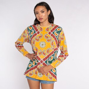 Hippie Blouse Psychedelic Floral Shirt 70s Boho Top Yellow Paisley Blouse Long Sleeve Mod Bohemian Retro Vintage 1970s Extra Large xl