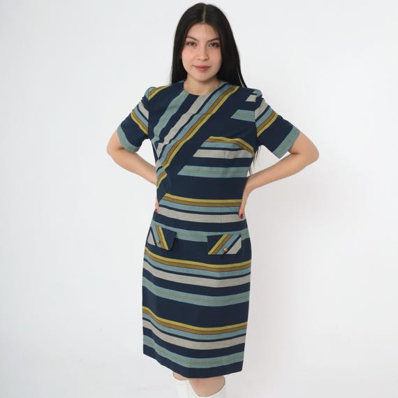 Vintage 60s Striped Shift Dress Navy Blue Mod Dress Geometric Knee Length Midi Short Sleeve Retro Preppy 1960s Small S