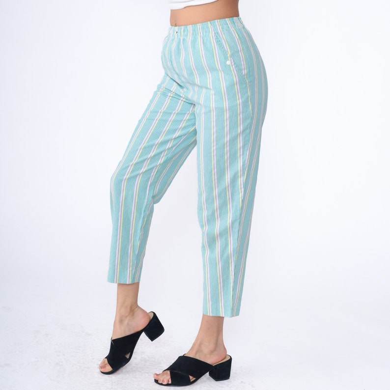 80s Striped Pants Pastel Green Pink Seersucker Elastic Waist Trousers High Waisted Slacks 1980s Tapered Leg Casual Pants Vintage Small 4 image 5