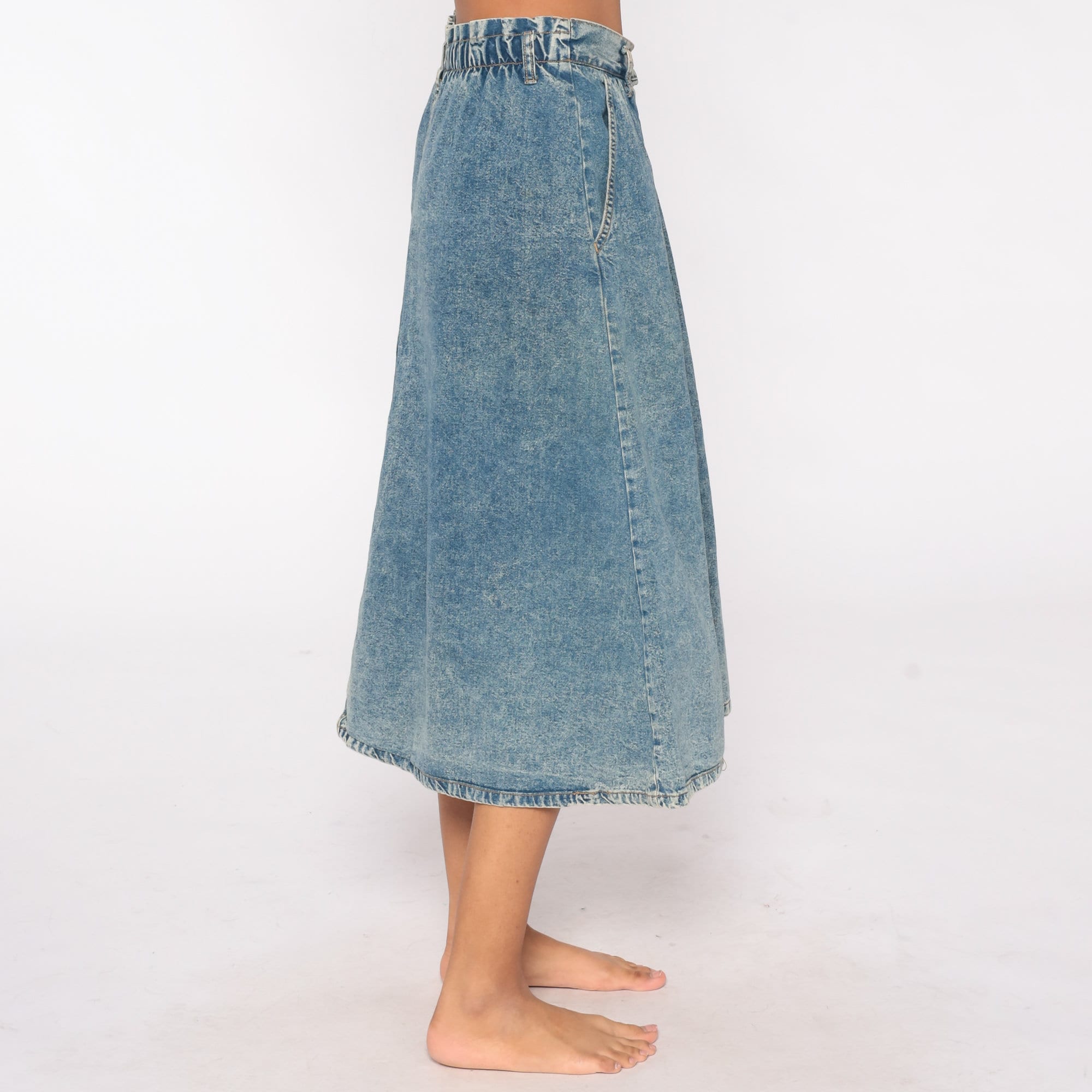 Denim Midi Skirt Jean Skirt 80s Exposed Button Up Jean Skirt Acid Wash ...