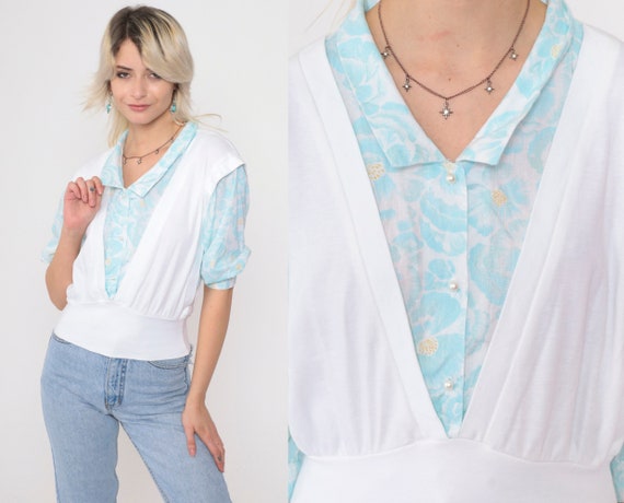 80s Twofer Blouse White Blue Floral Pearl Button Up Shirt 3/4 Sleeve Retro Attached Vest Top 2fer Preppy Collared Vintage 1980s Small S