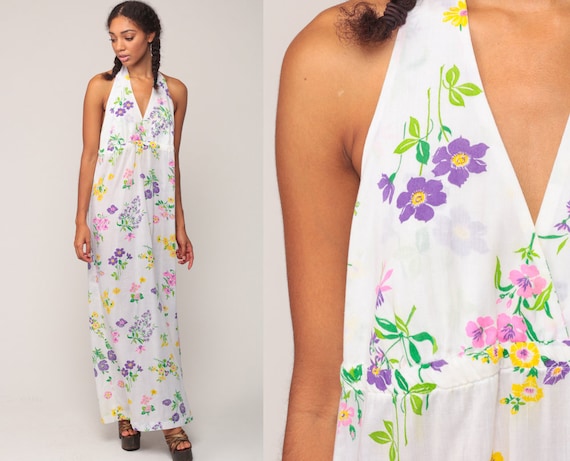 White Floral Dress Halter Neck 70s Maxi Summer Boho 1970s Hippie Backless Bohemian Deep V Sundress Vintage Sun Dress Large