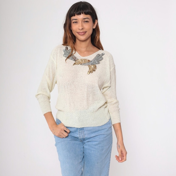 80s Sequin Bird Sweater Semi-Sheer Off-White Knit Metallic Gold Silver Beaded Pullover Vintage 1980s V Neck Cocktail Evening Small Petite