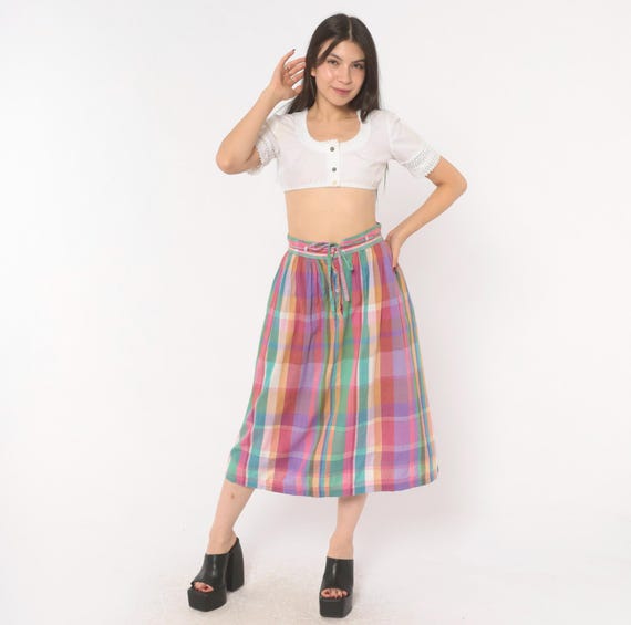 Madras Plaid Skirt 80s Cotton Midi Tie Waist Button Front Gathered A Line Pink Teal Purple Checkered Prairie Summer Spring Vintage Small S