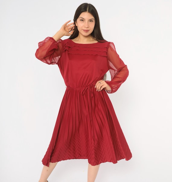 70s Burgundy Dress Sheer Sleeve Pleated Skirt Blouson Ruffle Yoke Boat Neck Wine Red Long Sleeve Pleat Cocktail Party Vintage Extra Large XL