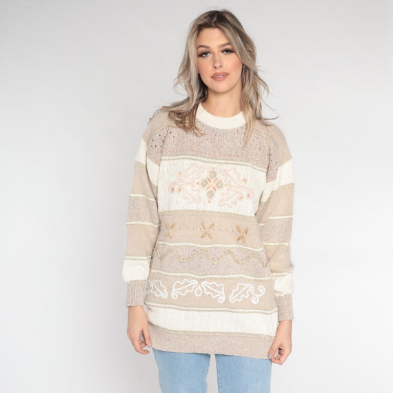 Tan Beaded Sweater 90s Pullover Sweater Cutout Silk Wool Blend Knit Retro Soutache Sheer Cut Out Sweater Fuzzy Vintage Extra Large xl 1x