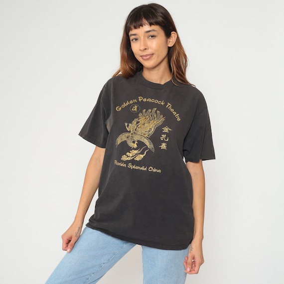 Splendid China Tee 90s Golden Peacock Theatre Dragon Short Sleeve Black Graphic Vintage Florida Theme Park Tourist Shirt Jerzees Large L