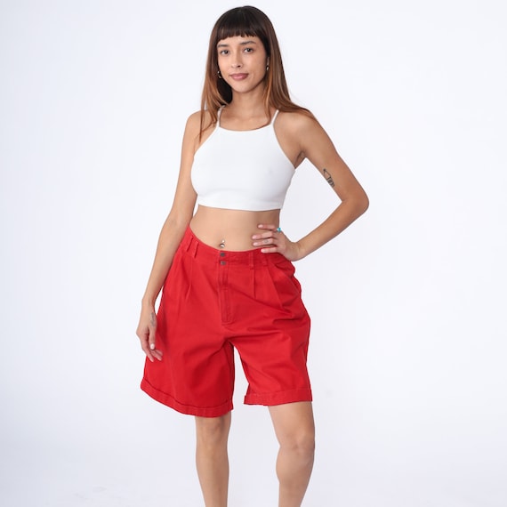 90s Trouser Shorts Red Liz Claiborne Pleated Preppy Shorts High Waisted Bermuda Trouser Cotton Plain Simple Vintage 1990s Large 12