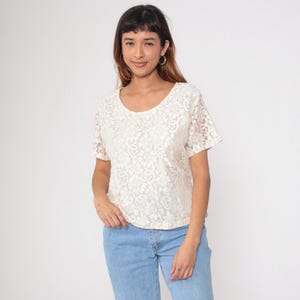 90s Cream Lace Top Sheer Sleeve Blouse Boho Party Club Short Sleeve Bohemian 1990s Floral Scoop Neck Romantic Large L