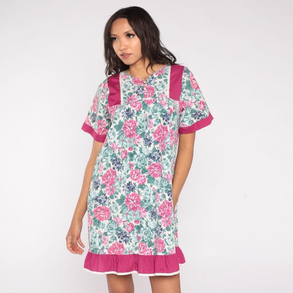 Floral Mini Dress 80s Fuchsia Trim Babydoll Pink Rose Print Navy Flowers Short Sleeve Ruffle Hem Keyhole Back Summer Garden Party Medium