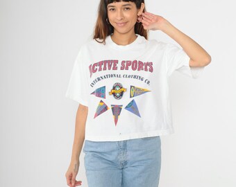 90s Sports T-Shirt Active Sports International Pennant Flag Graphic Retro Graphic Tee Boxy Cotton TShirt White Vintage 1990s OS S M L
