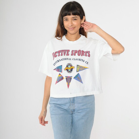 90s Sports T-Shirt Active Sports International Pennant Flag Graphic Retro Graphic Tee Boxy Cotton TShirt White Vintage 1990s OS S M L