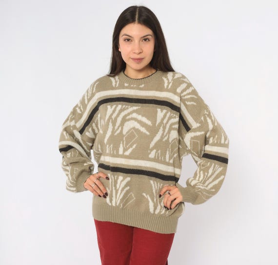 90s Abstract Knit Sweater White Black Stripe Wool Southwestern Geometric Long Sleeve Slouchy Grunge Grandpa Jumper Vintage Knitwear Large L