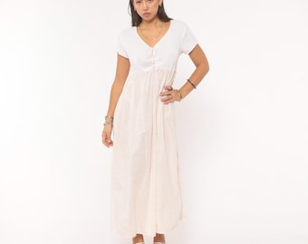 90s Victoria's Secret Babydoll Dress White Cotton Floral Maxi Tie Front V Neck Short Sleeve Empire Waist Cream Prairie Cottagecore Small S