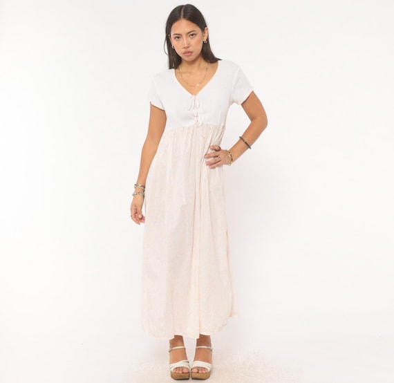 90s Victoria's Secret Babydoll Dress White Cotton Floral Maxi Tie Front V Neck Short Sleeve Empire Waist Cream Prairie Cottagecore Small S