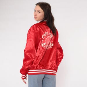 Vintage Satin Bomber Jacket 80s Red Salem Farms Campground Connecticut Graphic Snap Up Uniform Varsity Baseball 1980s Richie Men&#39;s Large L