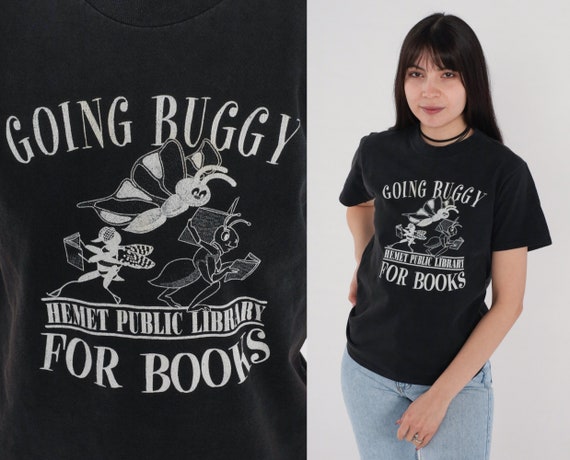 Hemet Public Library Shirt 90s Going Buggy For Books Tshirt Graphic Tee Insect Butterfly Bee Vintage Tshirt 1980s California Black Small