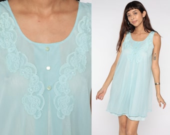 Baby Blue Nightgown Lingerie Slip Dress 70s BABYDOLL Mini Pinup Nightie Tent Pastel Trapeze Filmy Chiffon Boho Nylon 1970s Vintage Medium