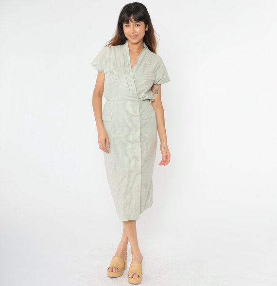 Vintage Gingham Wrap Dress Sage Green ShirtDress Checkered 90s Midi High Waist Short Sleeve Button Up 1990s Preppy Secretary Retro Small