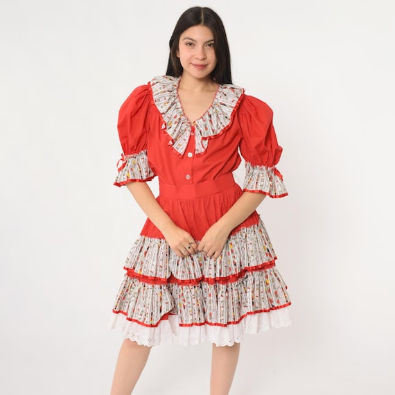 Square Dance Two Piece Set Vintage 80s Red Ruffle Puff Sleeve Top Full Skirt White Eyelet Trim Geometric Prairie Western Outfit Medium M