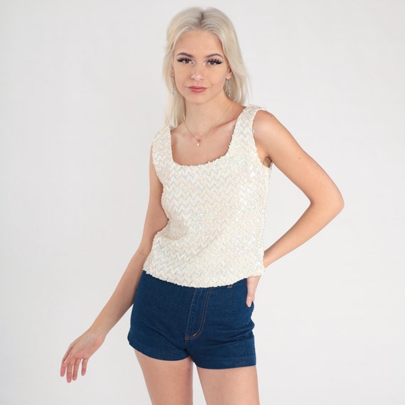 60s Sequin Top White Sparkly Blouse Tank Party Mod Vintage 1960s Metallic Sleeveless Sequined Evening Sixties Glam Jackie O Extra Small xs