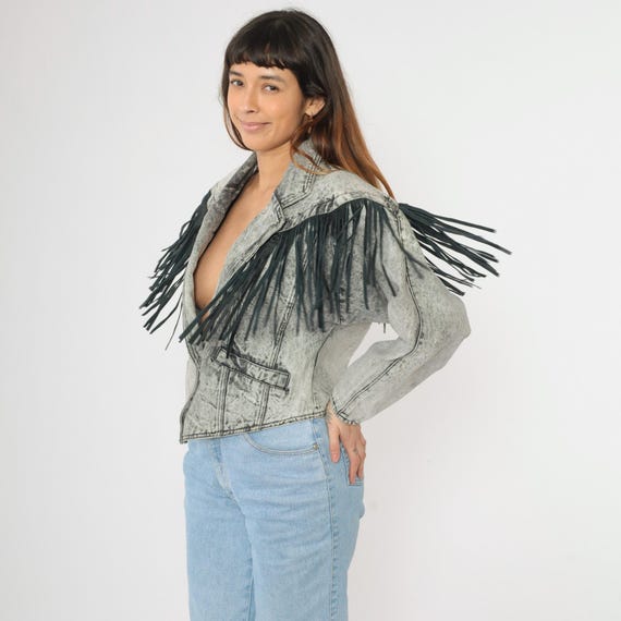 Vintage Fringe Denim Jacket 80s Grey Acid Wash Jean Southwest Leather Western Boho Snap Up Fitted 1980s Southwestern Deep V Neck Medium