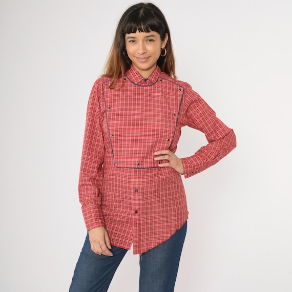 70s Western Shirt Red Plaid Bib Front Pearl Snap Button Up Top Vintage White Blue Rodeo Cowboy 1970s Checkered Long Tail Small S