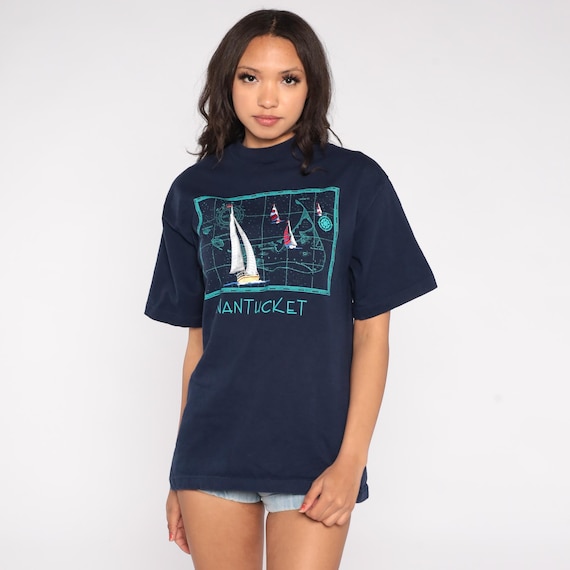 Nantucket Sailing Tshirt 90s Navy Blue Nautical Map Chart Sailboat Coastal Preppy Maritime Embroidered Graphic Tourist Tee Large L