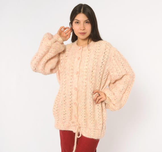 80s Pink Wool Cardigan Knit Pointelle Weave Button Front Drawstring Waist Balloon Sleeve Fuzzy Cottagecore Grandma Sweater Pastel Large L