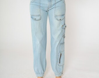 XOXO Cargo Jeans Y2K Baggy Jeans Low Rise Light Blue Denim Pants