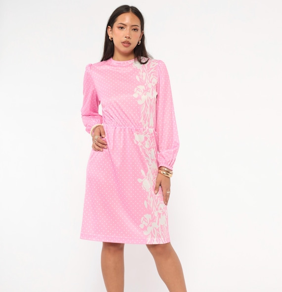 80s Pink Polka Dot Dress Floral Print Long Sleeve Blouson Elastic Waist Puff Shoulder Blush White Rose Pattern Feminine Spring Blair Small S