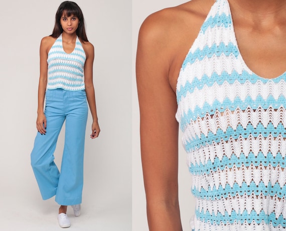 Boho Top White Crochet Top Vintage Halter Neck Shirt Cotton Gauze Tank Top Hippie Blouse 90s Bohemian Striped Festival Extra Small xs