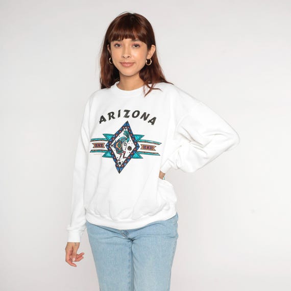 Arizona Sweatshirt 90s White Kokopelli Native American Print Santee Crew Neck Vintage Relaxed Fit Women's Large L 14