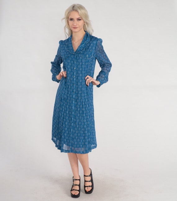 Y2K Day Dress Blue Floral Midi Dress White Flower Dot Print Long Sheer Sleeve Button up Retro Pleated Secretary Dress Vintage 00s Medium
