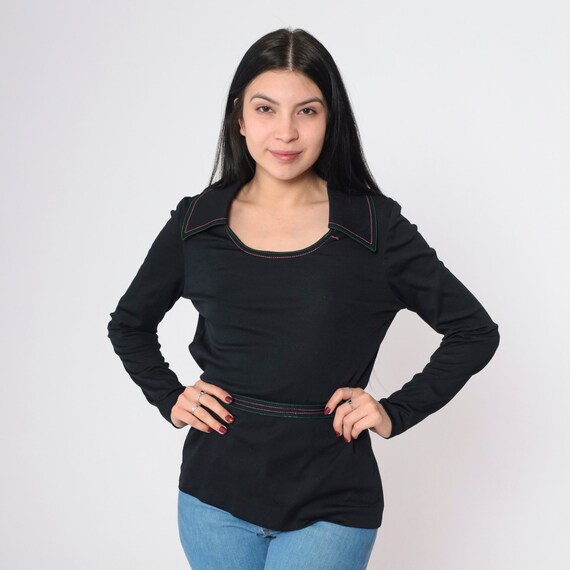 70s Black Top Belted Long Sleeve Shirt Vintage Wide Collar Contrast Stitching Blouse Retro 1970s Disco Shirt Plain Seventies Blouse Small