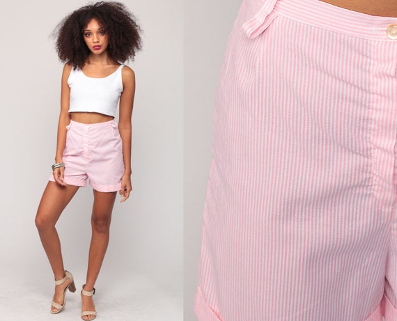 Seersucker Shorts Pastel Baby Pink Striped Shorts 80s High Waisted Shorts Mom Summer Retro Hipster High Waist Rise Vintage Retro Small