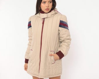 80s Cream Puffer Coat Hooded Quilted Zip Front Jacket Burgundy Navy Stripe Sleeve JC Penney Cotton Winter Ski Parka Vintage Small S