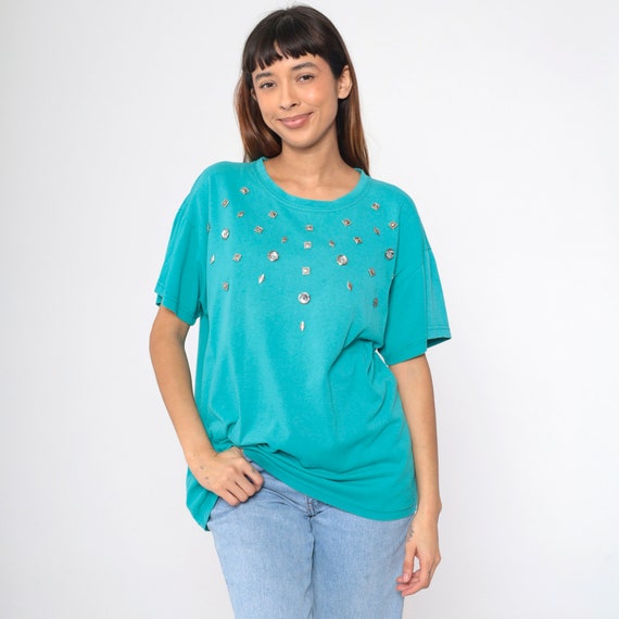 Rhinestone Studded T Shirt 90s Turquoise Blue Embellished Tshirt Vintage Retro Tee 1990s Silver Stud Southwestern Shirt Plain Large L