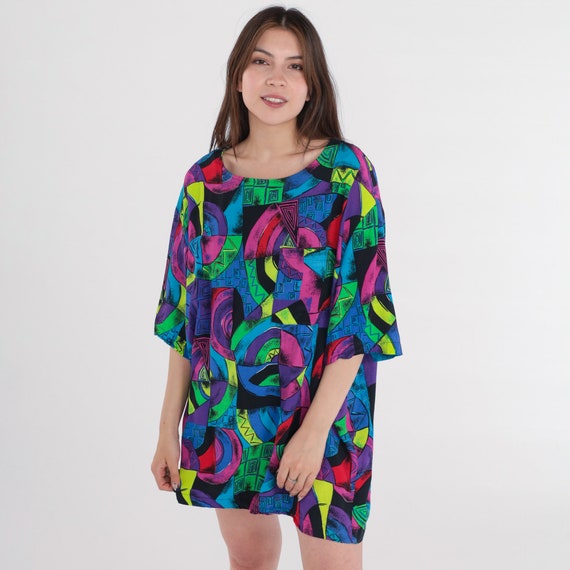 Geometric Shirt 90s Top Abstract Print Blouse Short Sleeve Retro T-Shirt Statement Purple Pink Green Blue Yellow Rayon Vintage 1990s 2xl xxl