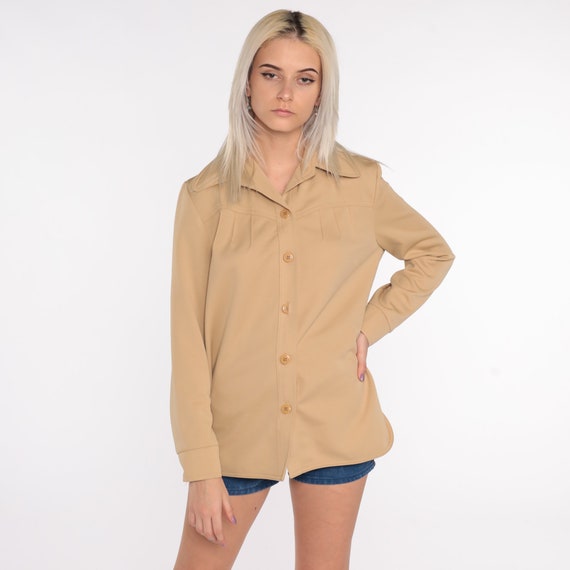 70s Tan Shirt Dagger Collar Shirt Button Up Shirt Long Sleeve Top Disco Blouse 1970s Collared Plain Polyester Shirt Medium Large