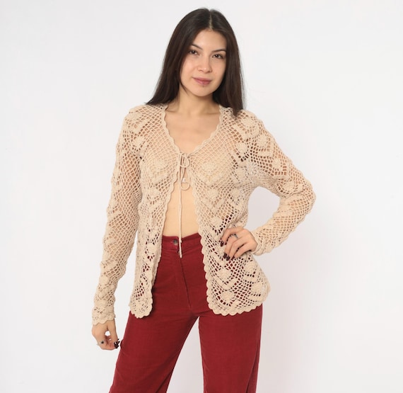 90s Crochet Cardigan Jacket Knit Beige Sheer Long Sleeve Floral Lace Cottagecore Prairie Hippie Whimsigoth Grunge Fairy Beach Cover Small S