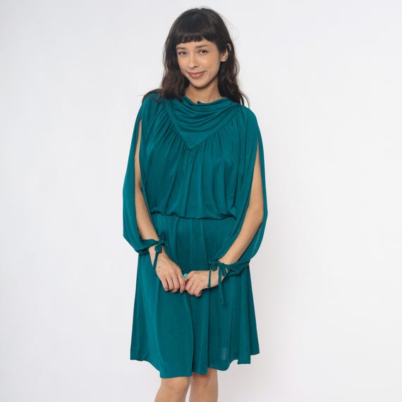 80s Teal Dress Emerald Green Cowl Neck Draped Blouson Long Sleeve Split Tie Cuff Dropped Waist Party Cocktail Disco Vintage Small Medium S M