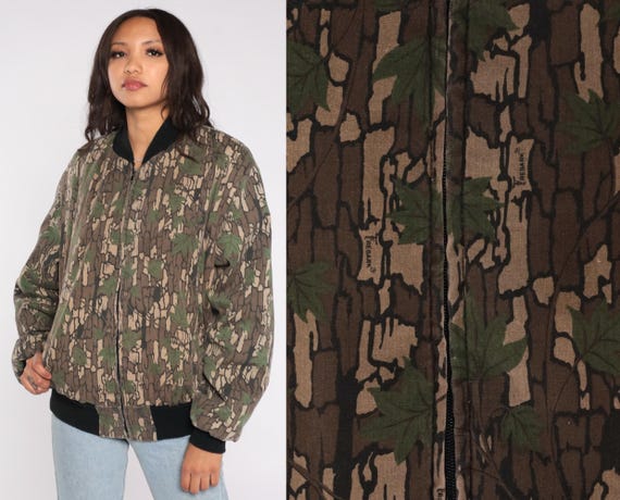 90s Camo Bomber Jacket Bark Tree Leaf Print Hunti… - image 2