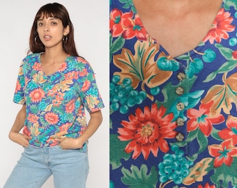 Floral Henley Shirt 90s Fruit Print Tshirt Short Sleeve Top Half Button Up Tee Shirt Boho 1990s Vintage Tropical Flower T Shirt Large L