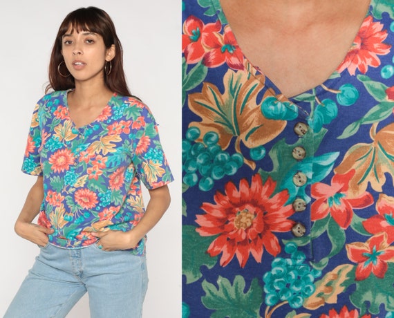 Floral Henley Shirt 90s Fruit Print Tshirt Short Sleeve Top Half Button Up Tee Shirt Boho 1990s Vintage Tropical Flower T Shirt Large L