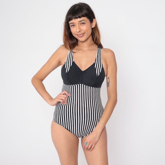 90s Striped Bathing Suit Black White One Piece Empire Waist V Neck Swimsuit Low Cut Swim Suit Vintage 1990s Small xs s