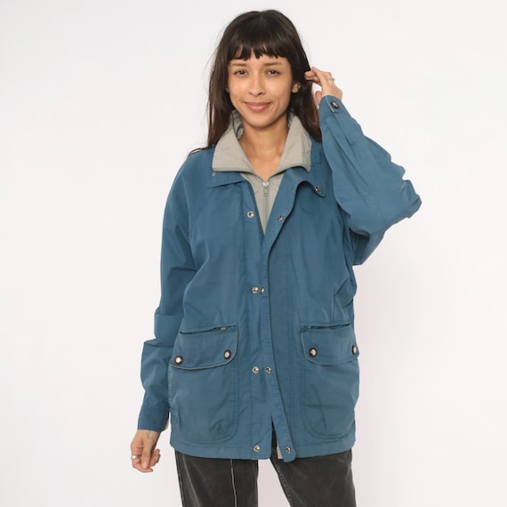 Blue Field Jacket 80s Slate Whitefish Bay Grey Lined Collar Utility Coat Patch Pocket Waist Outdoor Hiking Cotton Blend Windbreaker Small S